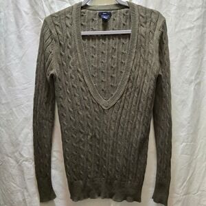 Y2K GAP Cable Knit V Neck Sweater Olive Green Women's Medium Cotton Angora Blend